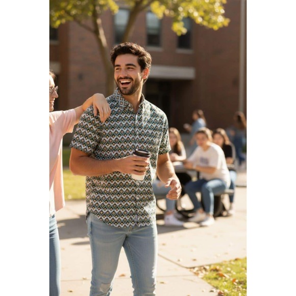 Denim & Flower Ricky Singh M Retro Mod Geometric Button Up shirt 60s/70s-core - Picture 3 of 11